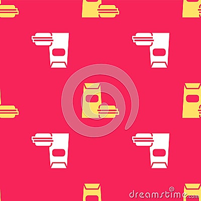 Yellow Burger icon isolated seamless pattern on red background. Hamburger icon. Cheeseburger sandwich sign. Fast food Vector Illustration