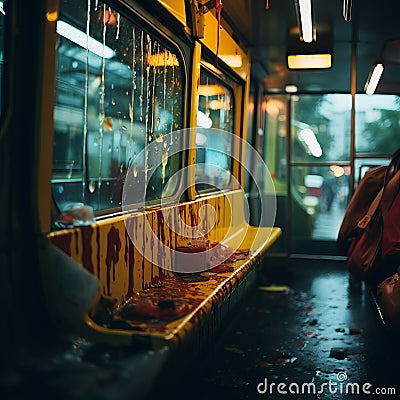 a yellow bus with blood splattered on it Stock Photo