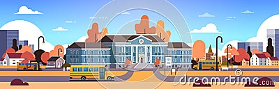 Yellow bus in front of autumn school building yard pupils transport concept 1 september cityscape background banner flat Vector Illustration