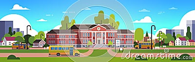 Yellow bus in front of school building yard pupils transport concept 1 september cityscape background banner flat Vector Illustration