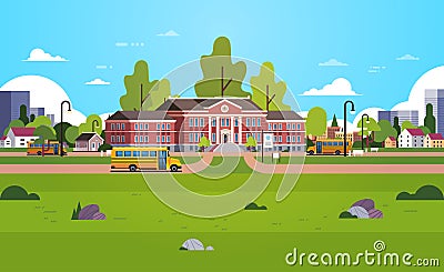 Yellow bus in front of school building yard pupils transport concept 1 september cityscape background horizontal flat Vector Illustration