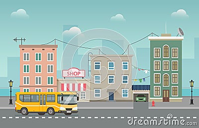 Yellow bus goes around small city with shops and waterfront behind. Cityscape Vector Illustration