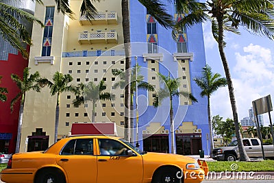 Yellow cab with Miami Beach Florida Stock Photo