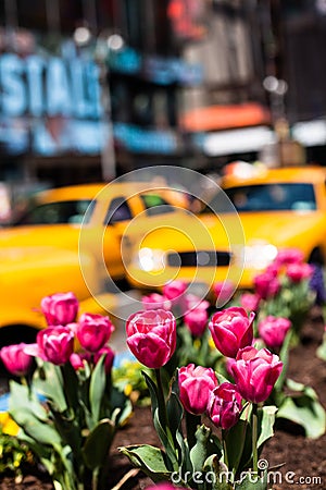 Yellow cab speeds through Times Square in New York. Stock Photo