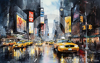 Yellow cabs, taxi and cars in the street of Manhattan in New York city. Illustrated paintig poster. Generative Ai Stock Photo