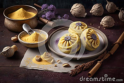 yellow cakes with taro and cinnamon on cream for traditional chinese holiday Stock Photo