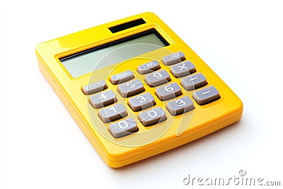 A yellow calculator with grey buttons isolated on a white background This image symbolizes calculation mathematics finance Stock Photo