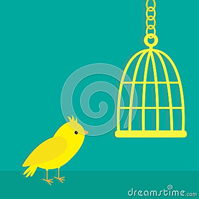 Yellow canary bird. Golden birdcage cell. Green background. Flat design style. Vector Illustration