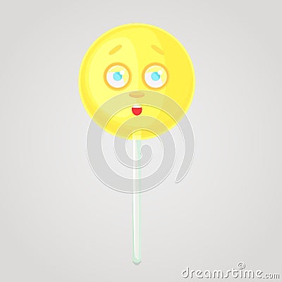 Yellow candy is an emotional icon, voluminous with a face, on a stick. Stock Photo