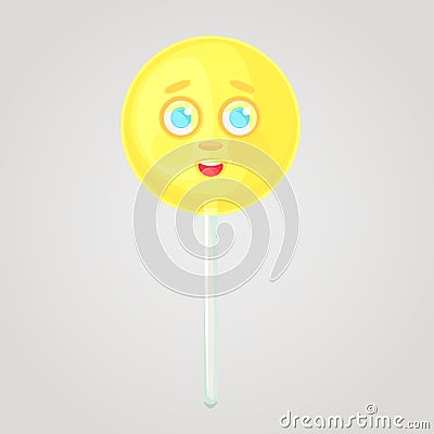 Yellow candy is an emotional icon, voluminous with a face, on a stick. Vector Illustration