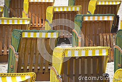 Yellow canopied beach chairs at Baltic Sea Stock Photo