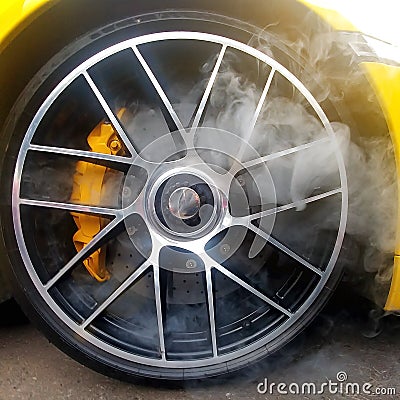 Yellow car with light alloy wheels with carbon ceramic brakes and smoke from it. Close up, square image Stock Photo