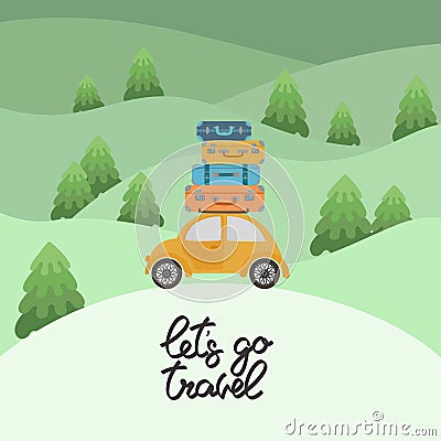 Yellow car with luggage on the roof for long vacation road trip Vector Illustration