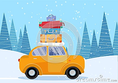 Yellow car with suitcase on the roof. Winter family traveling by car. Flat cartoon vector illustration. Car Side View With stack Cartoon Illustration