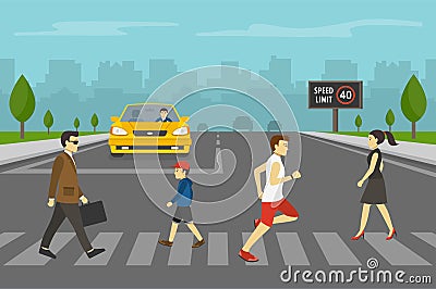 Yellow car waiting in front of stop line while group of people crossing road on zebra crossing. Pedestrians. Vector Illustration