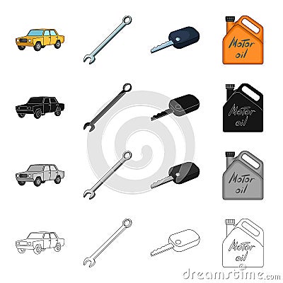 Yellow car, wrench, ignition key, canister of engine oil. Car and accessories set collection icons in cartoon black Vector Illustration