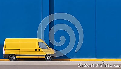 Yellow Cargo minibus van with blank side mock up on blue background, AI generated Stock Photo