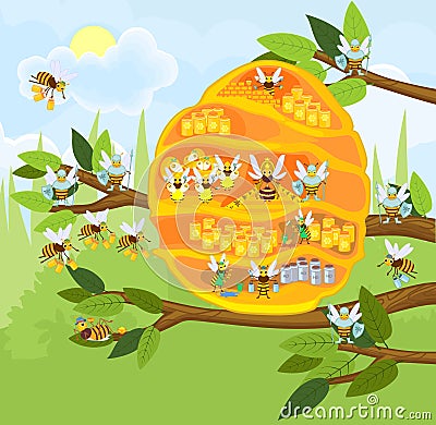 Yellow cartoon beehive on tree branch and honey bee family. Internal structure of beehive Vector Illustration