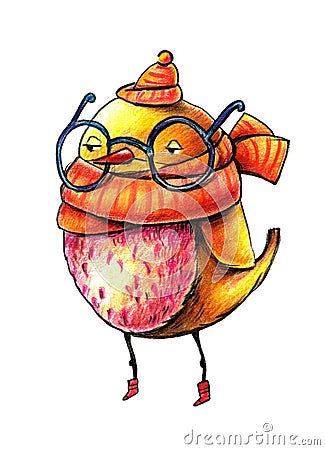Yellow cartoon bird in red boots, wearing a warm hat and scarf, with spectacles on his nose Stock Photo