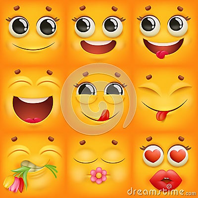 Yellow cartoon emoji characters square icons set in various emotions Cartoon Illustration