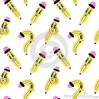 Yellow cartoon pencil seamless pattern. Twisted and in question form, funny faces with emotions, pink eraser. Knowledge and Vector Illustration