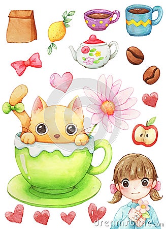 Cat, Coffee and element coffee with girl cup watercolor Stock Photo