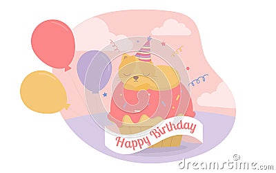 The yellow cat is sleeping on the cupcakes with many balloons in the birthday party. Vector Illustration