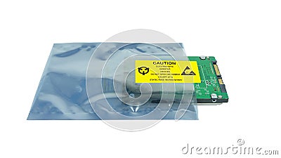 Yellow caution label stick on plastic bag,The yellow CAUTION label for Electrostatic Sensitive Devices ESD on static free Stock Photo