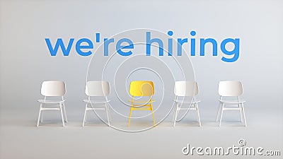 A Yellow Chair That Stands Out From the Chairs Crowd on a Soft White Studio Background. We are Hiring. Stock Photo