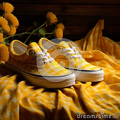 Yellow Checkered Vans Slippers With Linen Stripes Stock Photo