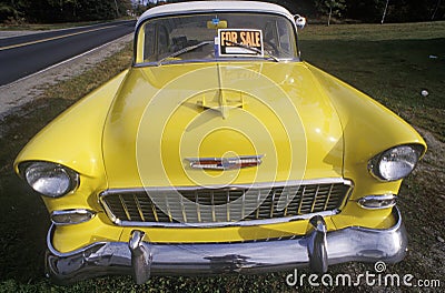 A yellow 1956 Chevrolet for sale in Maine Editorial Stock Photo