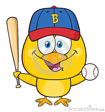 Yellow Chick Cartoon Character Holding A Baseball And Bat Vector Illustration
