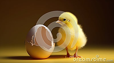 Yellow chicken hatching from egg. Generative AI Stock Photo