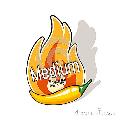 Yellow chili pepper pod and fire flame from behind. Medium level of spiciness Vector Illustration