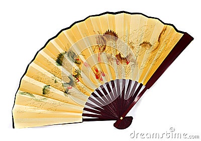 Yellow Chinese fan on white background Stock Photo