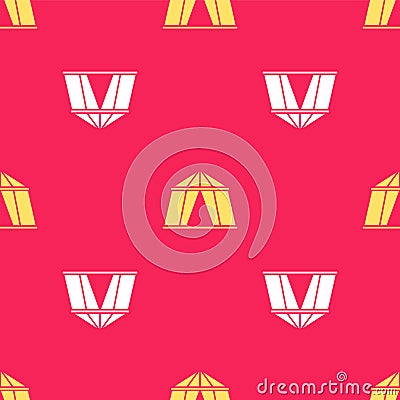 Yellow Circus tent icon isolated seamless pattern on red background. Carnival camping tent. Amusement park. Vector Vector Illustration