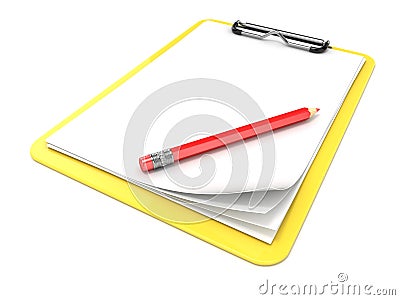 Yellow clipboard and blank paper. 3D render Cartoon Illustration