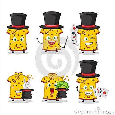 A yellow clothing kids chinese woman Magician cartoon character perform on a stage Vector Illustration