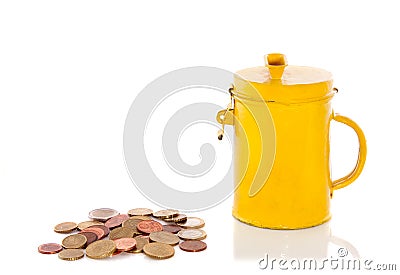 A yellow collect bus with coins Stock Photo