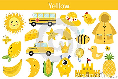 Yellow color objects set. Learning colors for kids. Cute elements collection Vector Illustration