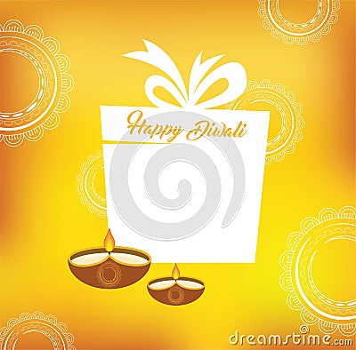 Yellow color vector card design for Diwali festival with beautiful lamps and present Vector Illustration