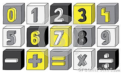 Yellow colour numbers from 0 to 9 with mathematical operations on blocks Vector Illustration