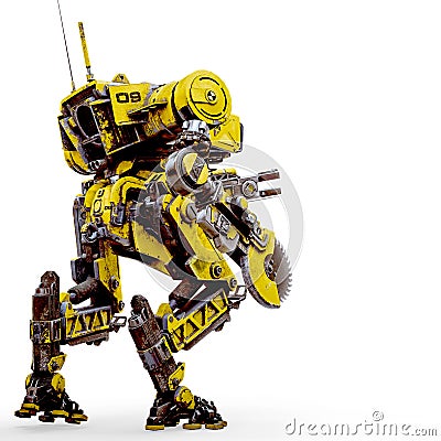 Yellow combat mech is ready for war in a white background rear view Cartoon Illustration