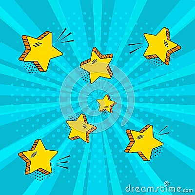 Yellow comic stars on blue background in pop art style. Vector Cartoon Illustration