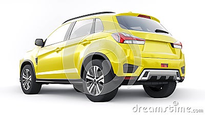 Yellow compact urban SUV on a white uniform background with a blank body for your design. 3d rendering. Stock Photo