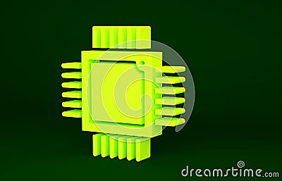 Yellow Computer processor with microcircuits CPU icon isolated on green background. Chip or cpu with circuit board Cartoon Illustration