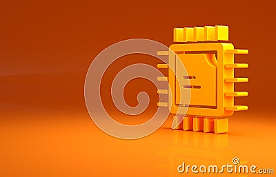 Yellow Computer processor with microcircuits CPU icon isolated on orange background. Chip or cpu with circuit board Cartoon Illustration