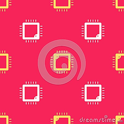 Yellow Computer processor with microcircuits CPU icon isolated seamless pattern on red background. Chip or cpu with Vector Illustration