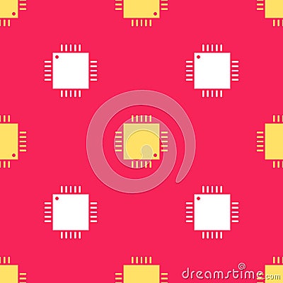 Yellow Computer processor with microcircuits CPU icon isolated seamless pattern on red background. Chip or cpu with Vector Illustration