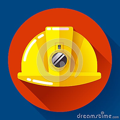 Yellow construction worker helmet with flashlight icon. Flat design style. Stock Photo